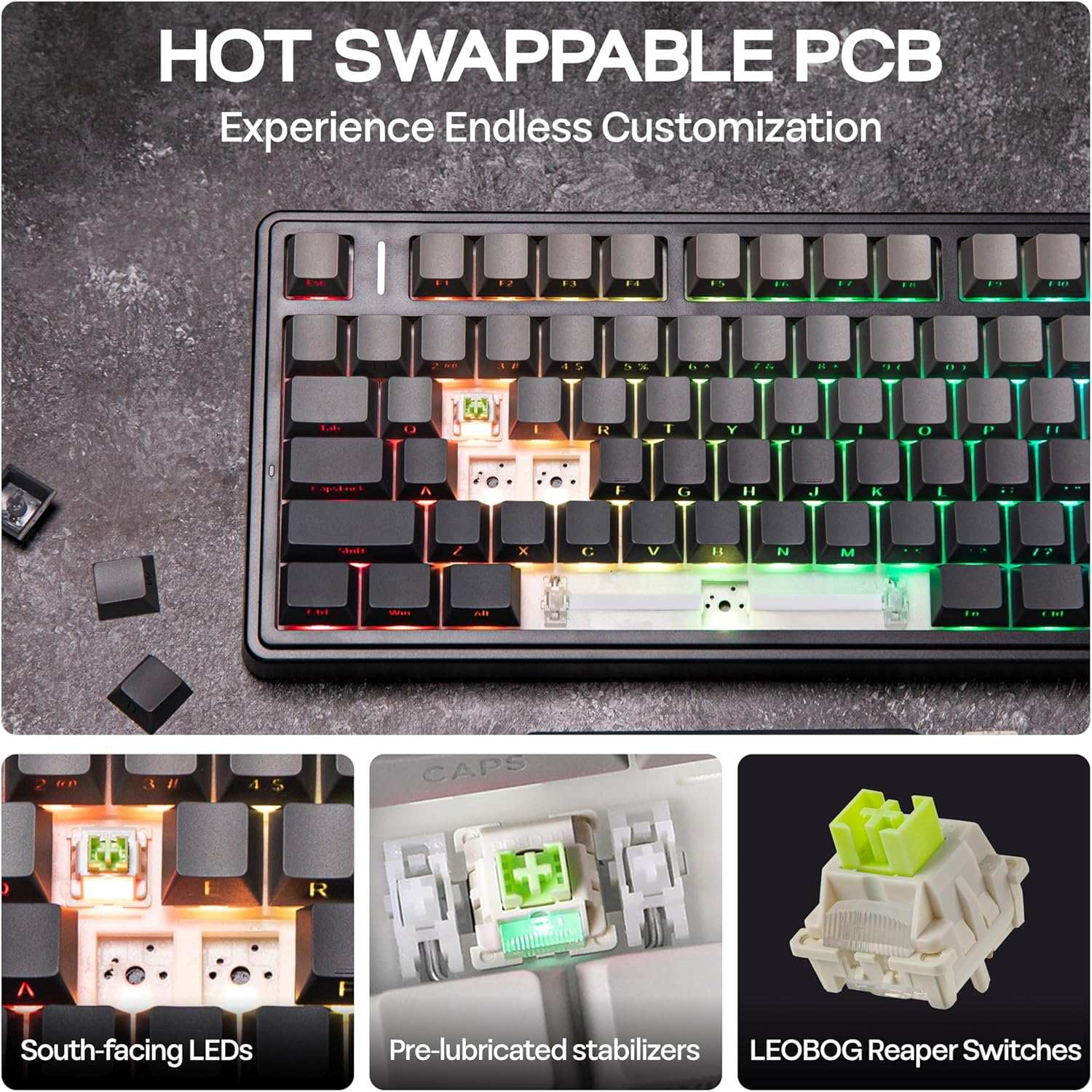 Mechlands Aula F75 PRO 75% Wireless Gaming Keyboard, Gasket Mechanical Custom Keyboard with Five-Layer Padding, Bluetooth/2.4Ghz/Usb-C, Hot Swappable, Knob, RGB, Reaper Switches (Gradient Black) image number 5