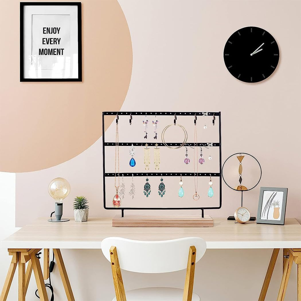 Earring Holder Jewelry Display Stands, 3-Tier 72 Holes Earring Organizer Stand Jewelry Holder Organizer Wooden Base Women'S Jewelry Tower Home and Office Decor for Hanging Earrings (Black)