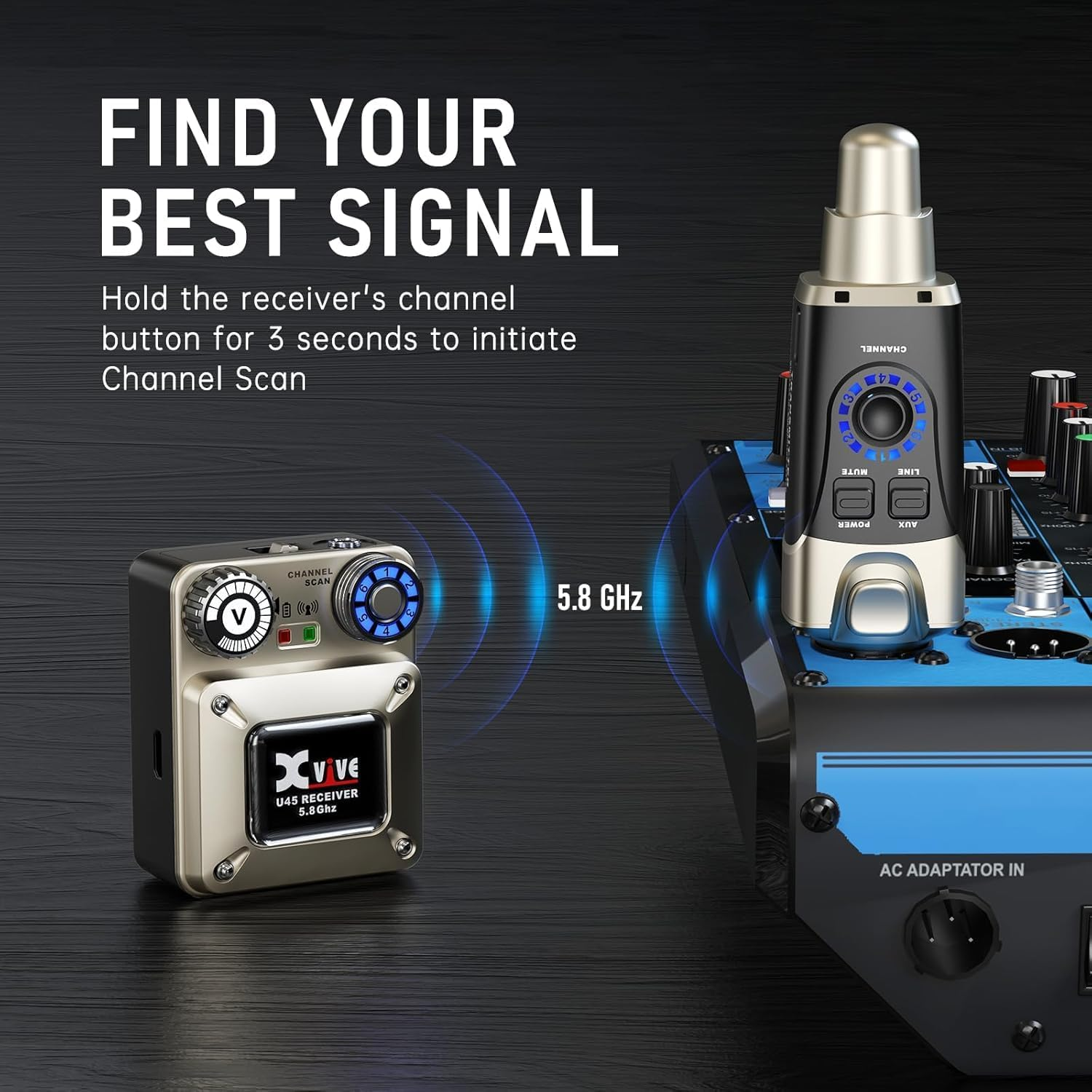 Xvive U45R4 Wireless in Ear Monitor System 5.8Ghz IEM System 1 Transmitter and 4 Bodypack Receiver for Studio, Band Rehearsal, Live Performance, Channel Scan Mode image number 5