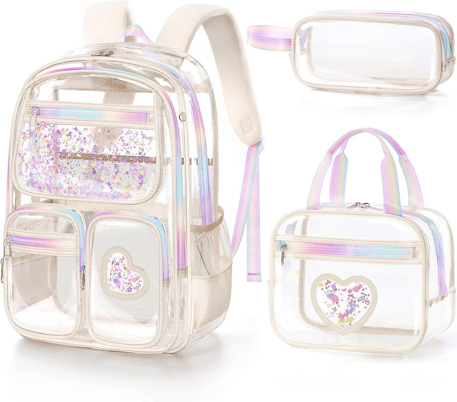 Fimibuke Clear Backpack for Girls, 3PCS Heavy Duty PVC Transparent Kids Backpack for Teen Girl with Lunch Box & Pencil Case