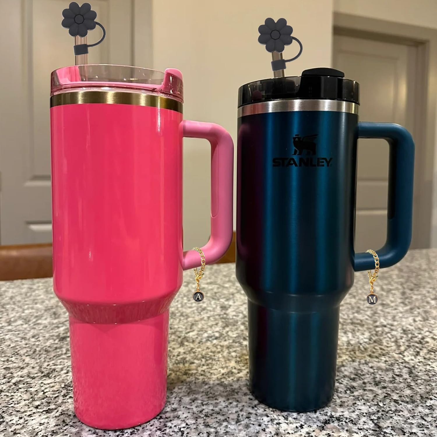 Stanley Cup Accessories, 1Pc Flower Stanley Straw Cover Silicone Straw Topper for Stanley 30&40 Oz Tumbler with Handle and 1Pc Initial Letter Charm for Stanley Cup (Letter J) - Letter A image number 4
