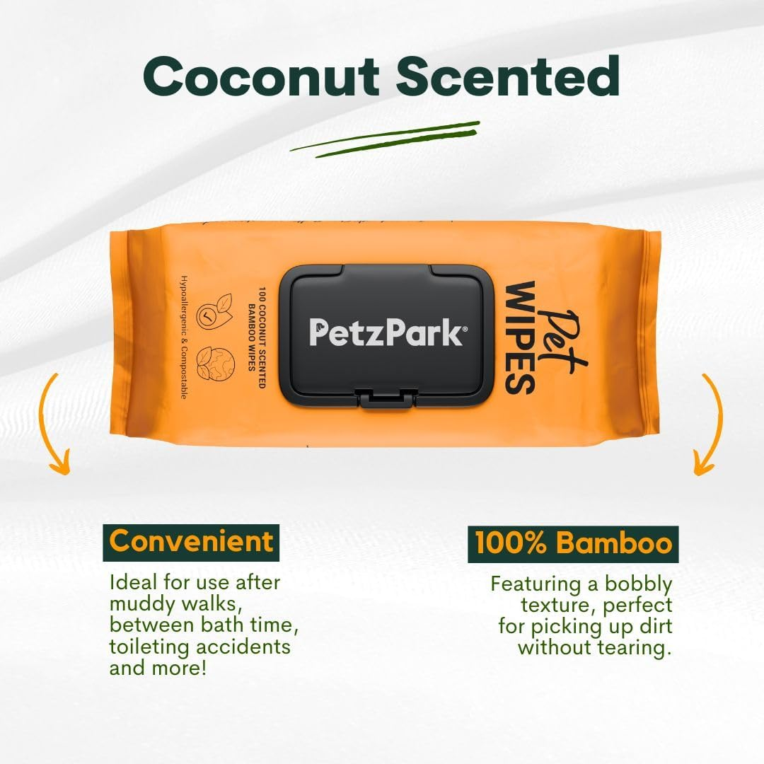 Dog Wipes Petz Park - Hypoallergenic, Cleaning and Hydrating, for Grooming Paws, Body and Butt - Coconut Scented, Made from 100% Compostable Bamboo - 100 Wipes image number 4