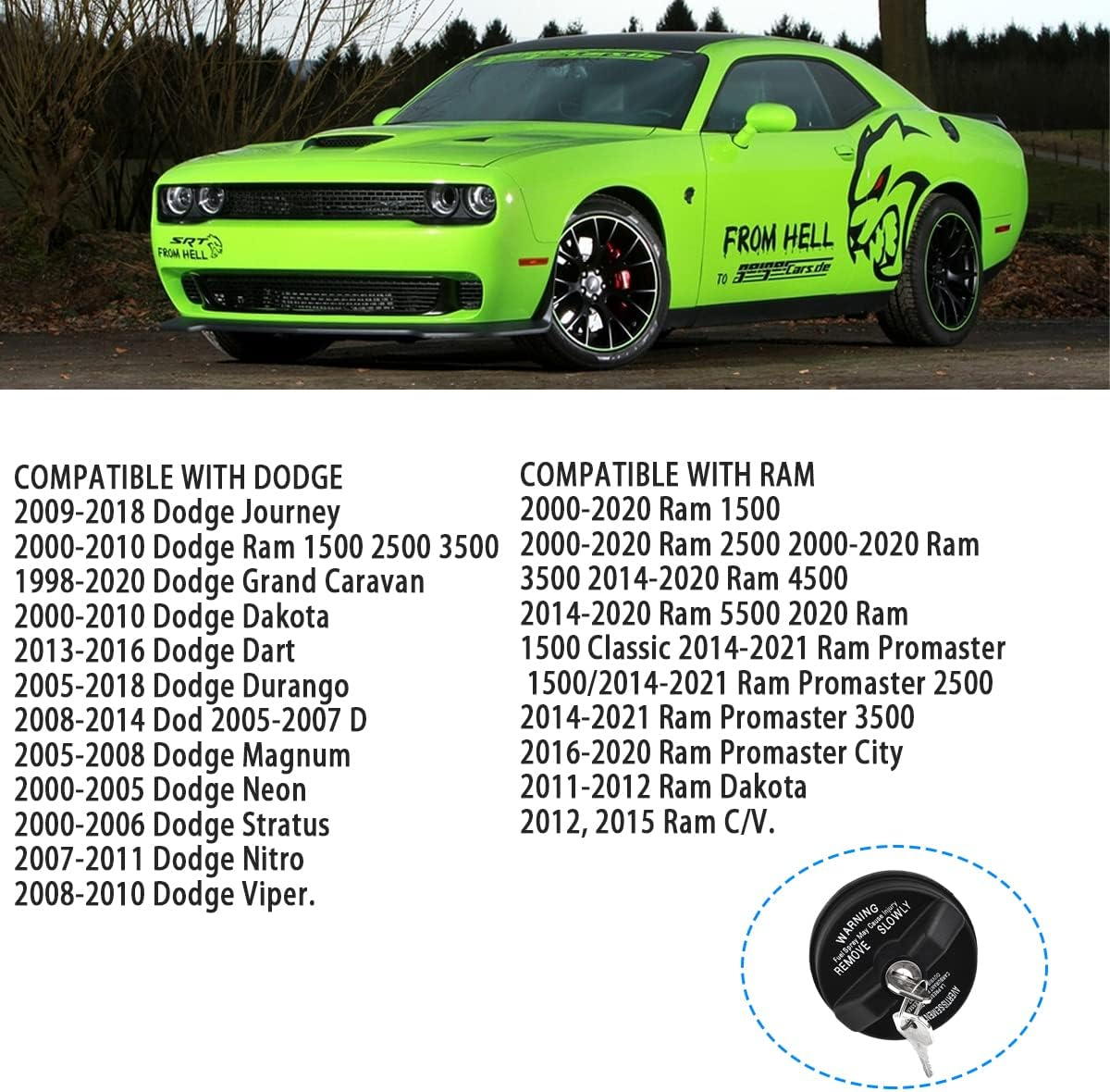 Locking Gas Cap, Lock Fuel Cap for Jeep Chrysler Dodge Ram - Challenger Grand Caravan Ram 1500, Grand Cherokee Wrangler JK TJ JKU Liberty Compass Patriot and More, Automotive Replacement image number 5