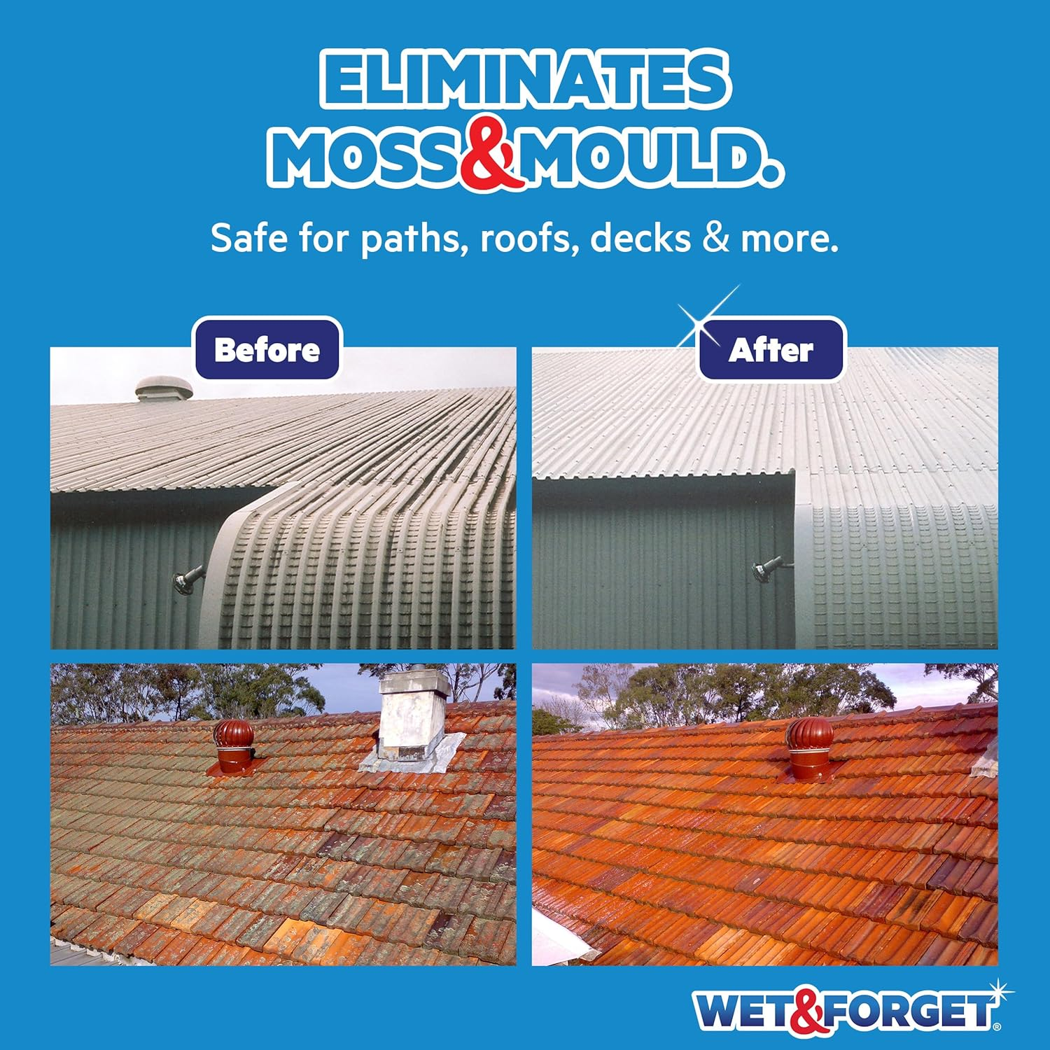 Wet & Forget Moss, & Mould Remover 5L &ndash; No Scrub Exterior Moss & Mould Removal for Roofs, Decks, Fences, Concrete, Patios, Brick & Cladding &ndash;, Bleach-Free Concentrate Formula image number 3