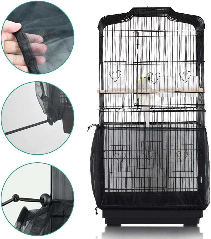 Large Bird Cage Net, Bird Cage Seed Catcher, Adjustable Bird Cage Cover, Soft Airy Mesh Net, Birdcage Skirt Guard for Parrot Parakeet Macaw round Square Cages, 59-87X16Inch, Black image number 5