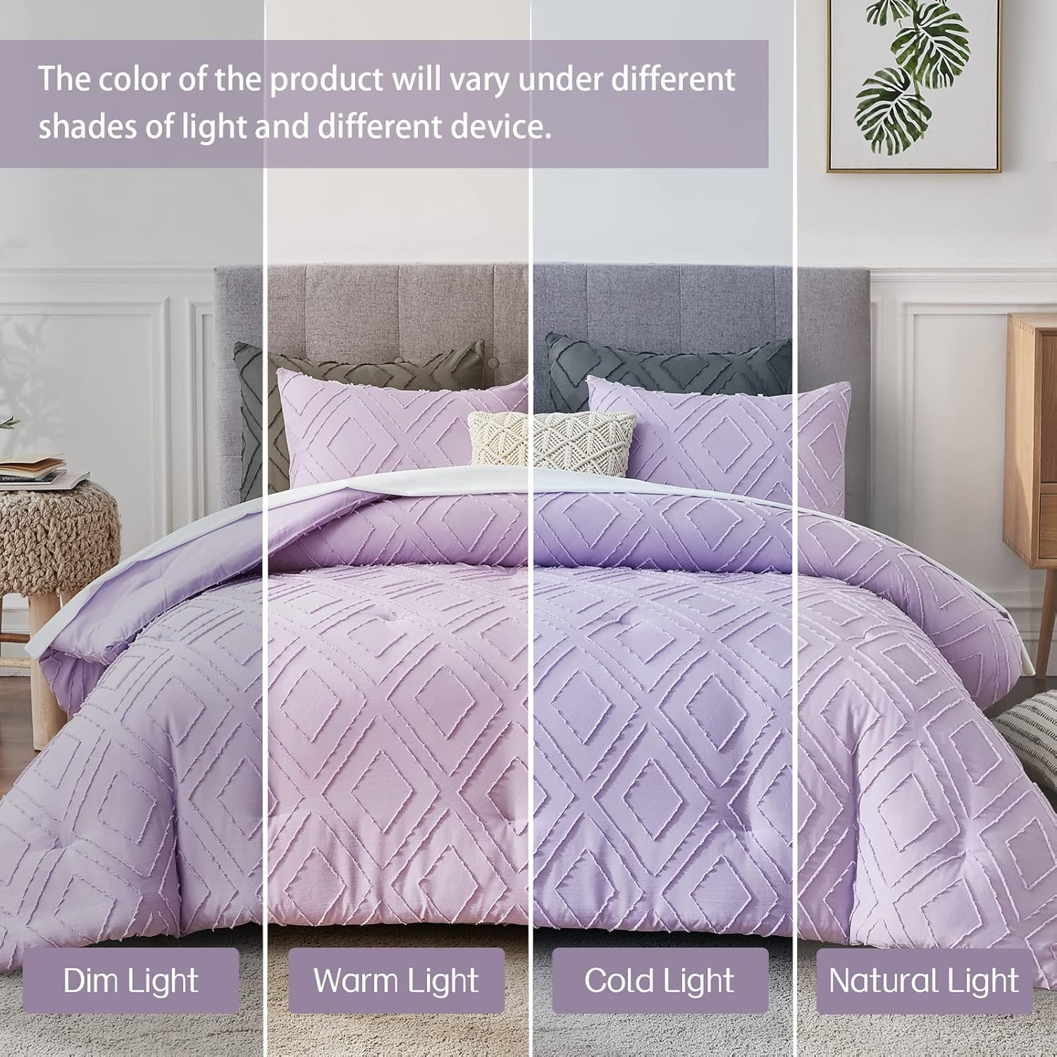 Boho King Comforter Set,Purple Rhombus Tufted King Size Comforter Set with Corner Loops,3 Pieces Embroidery Shabby Chic Bedding Comforter Sets for All Seasons(Purple,King) image number 2