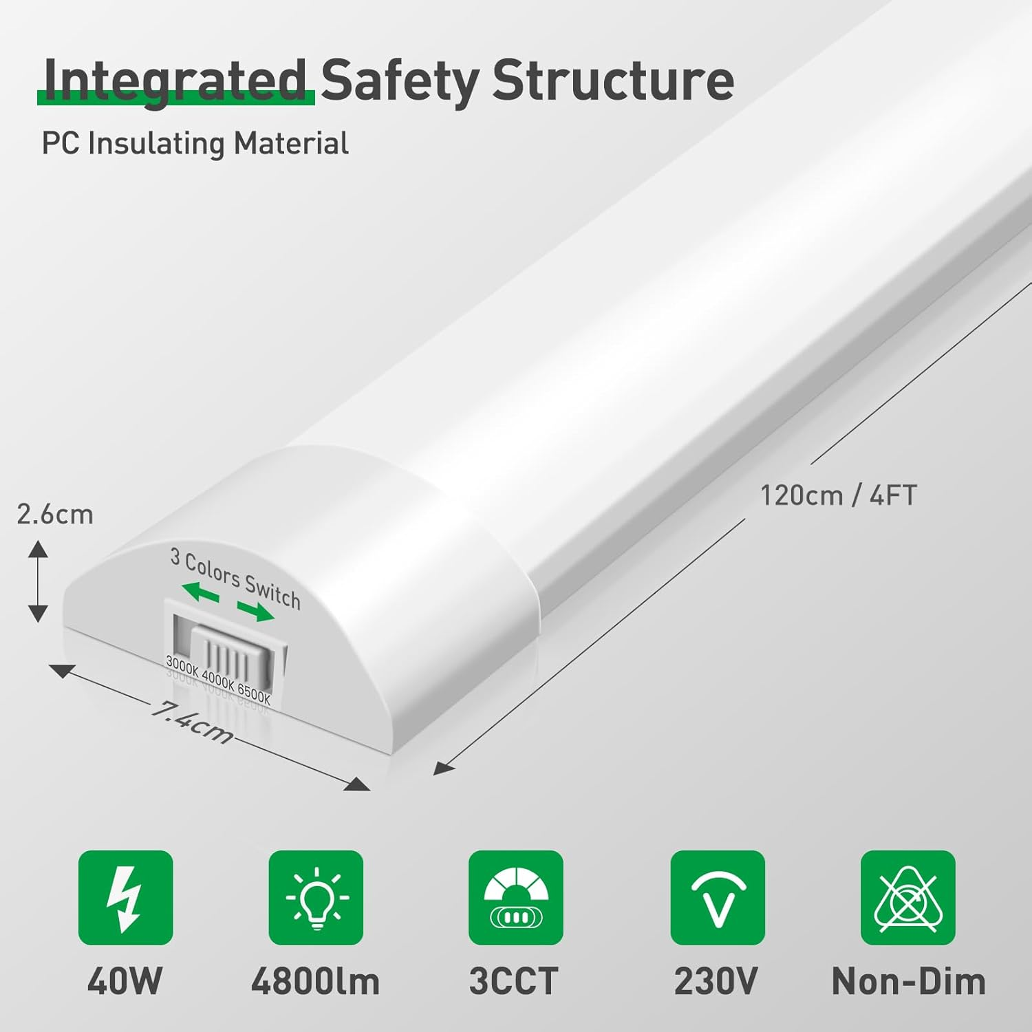 ALUSSO 10 Pack LED Batten Light 4FT 120Cm, Super Bright 40W 4800Lm Integrated Tube Light, 3000K/4500K/6500K Colors Changeable, Wall Ceiling Mounted Garage Lighting for Kitchen Basement Workshop Shed