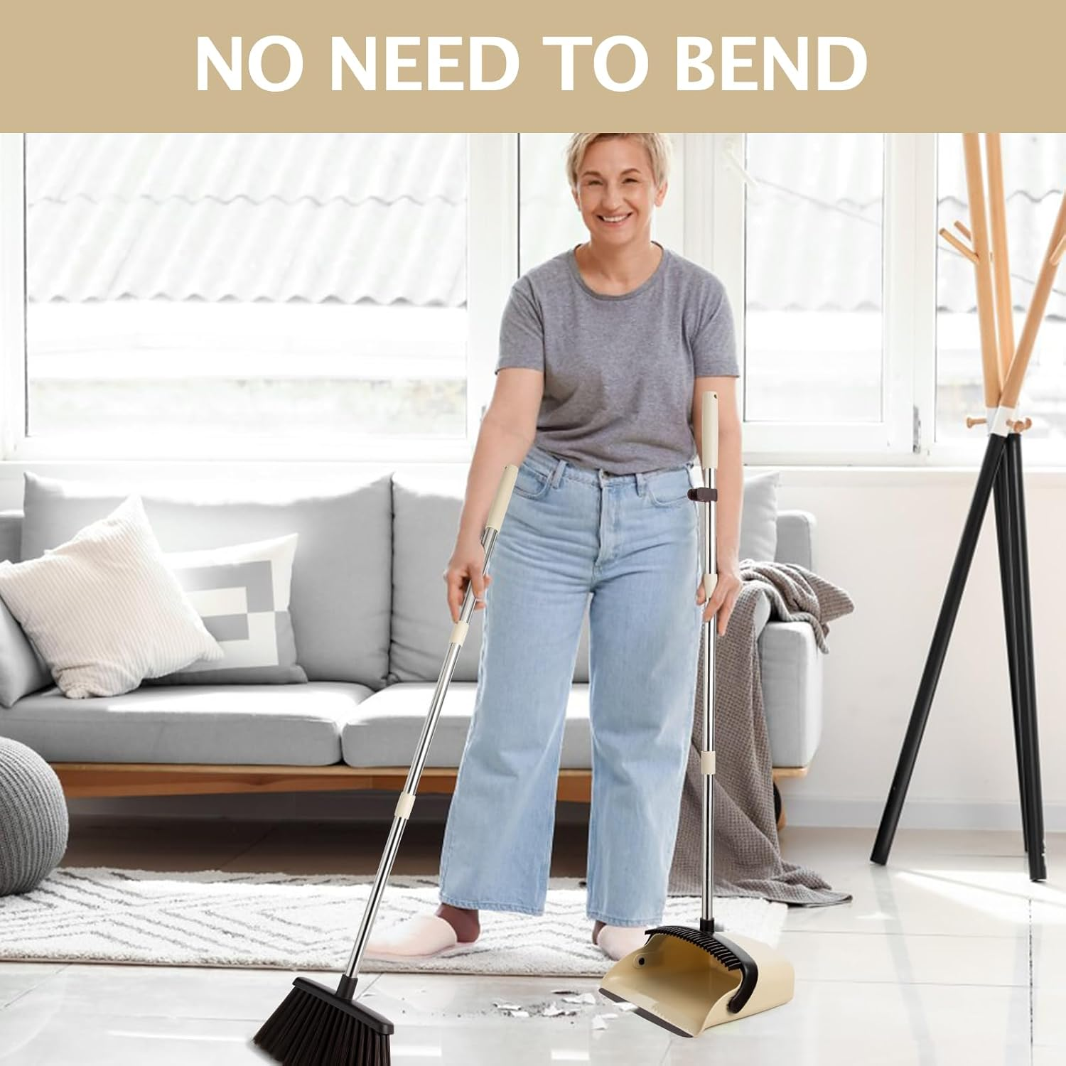 XXFLOWER Long Handle Dustpan and Brush Sets, Broom and Dustpan Set with Comb Teeth, Sweeping Brush Set for Indoor Kitchen Lobby Office Sweeping Pet Dog Hair, Household Cleaning Supplies (Brown Beige) image number 6