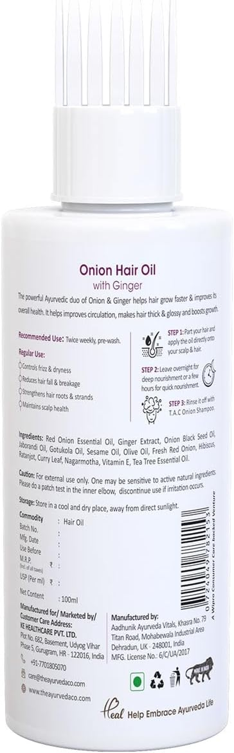 TAC - the Ayurveda Co. Onion Hair Oil for Hair Growth with Black Seed, Plant Derived Biotin for Hair Fall Control, Mineral Oil Free - 100Ml image number 1
