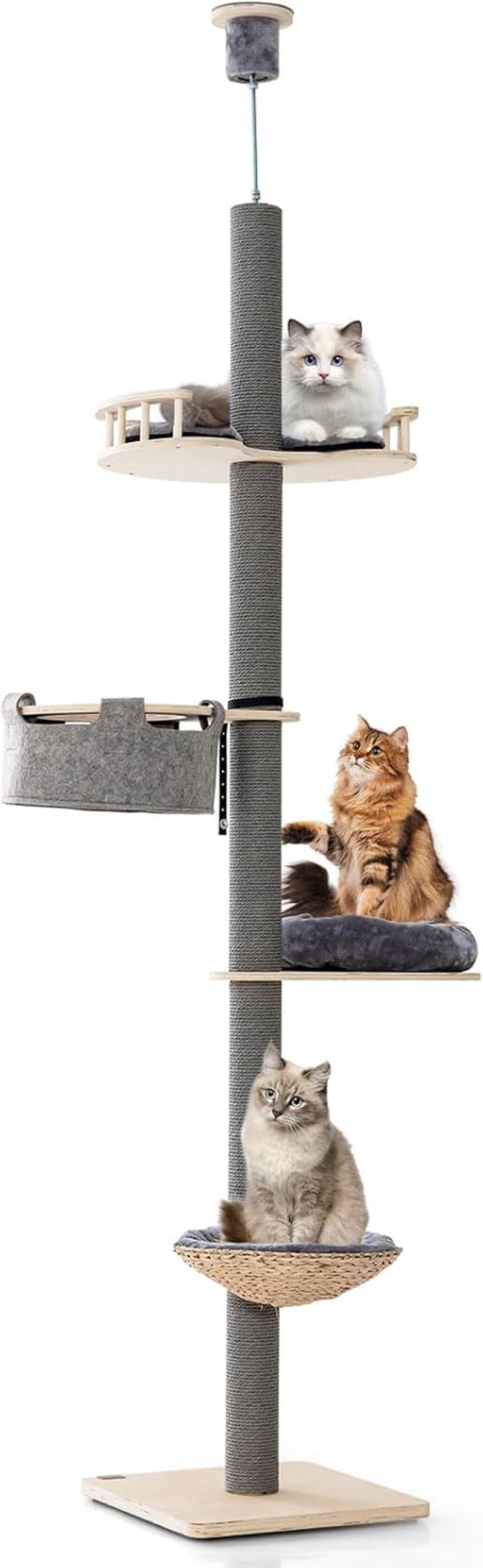 Costway Floor to Ceiling Cat Tree W/ 2.3-2.7M Adjustable Height, 5-Tier Wooden Cat Tower W/Cozy Hammock & Bed & Basket Bed, Scratching Post, Cat Climbing Furniture for Indoor Kittens & Adult Cats