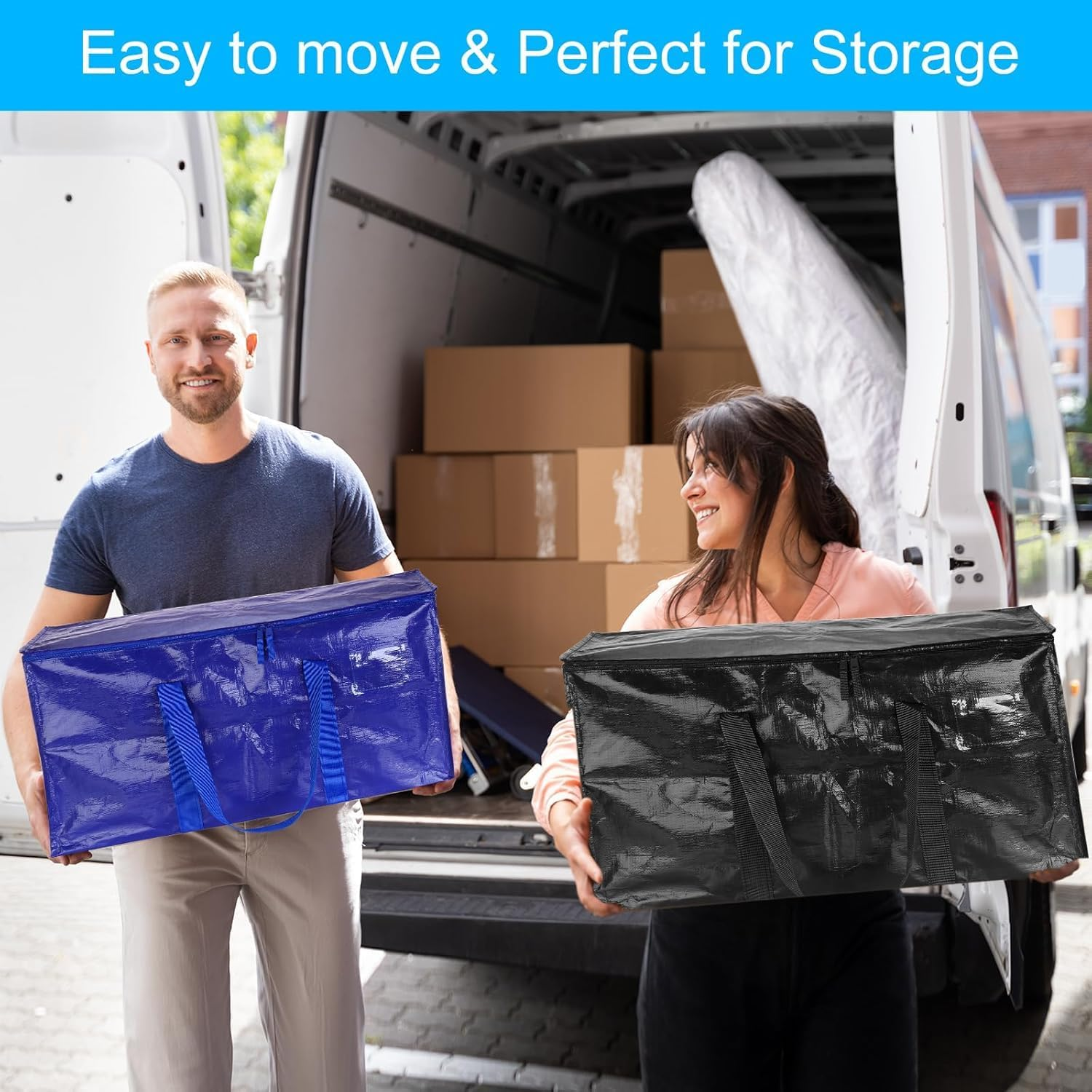 Extra Large Moving Bags Heavy Duty Totes for Storage Packing, Space Saving, Traveling, with Zippers & Strong Carrying Handles (4 Pack, 2 Blue&2 Black) image number 4