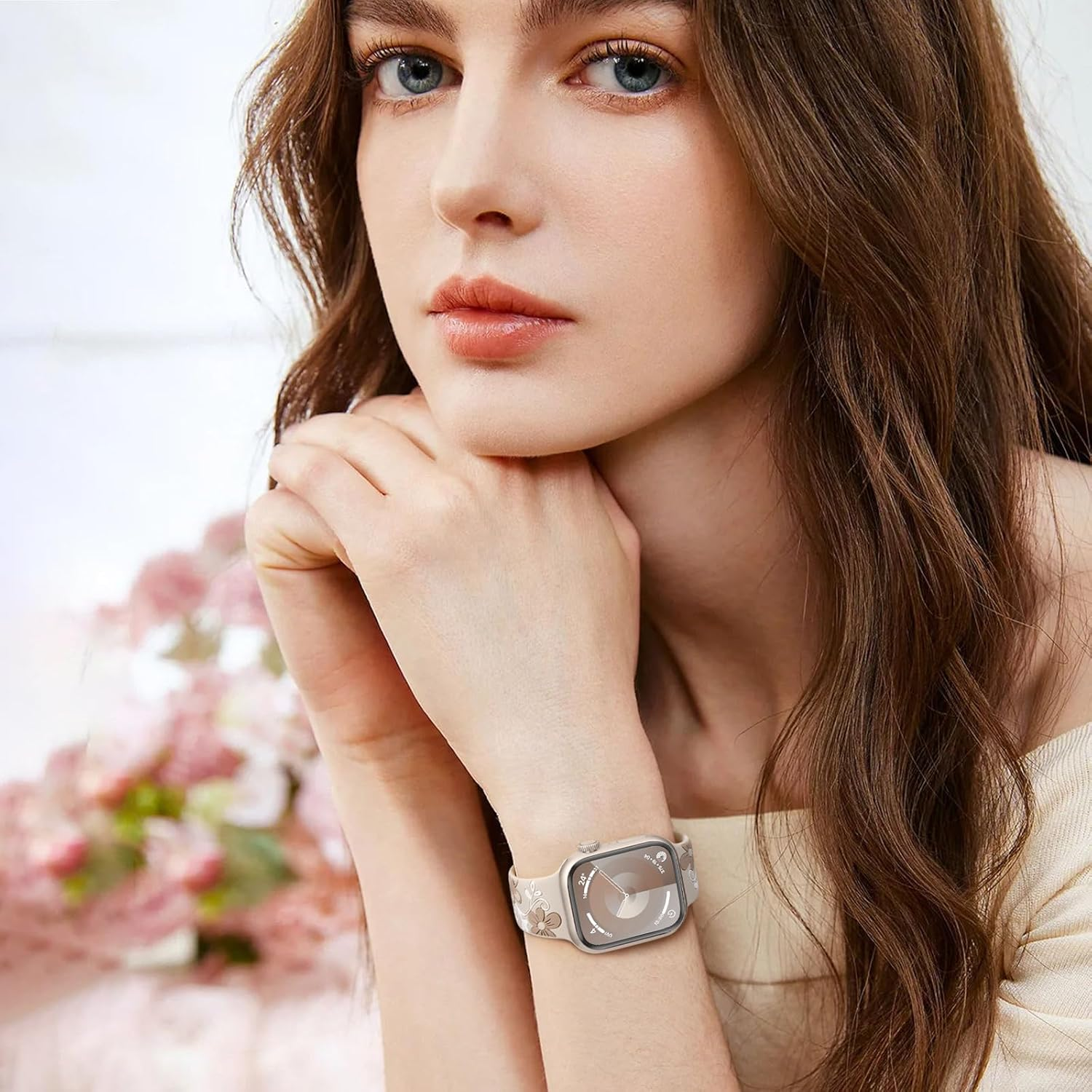 Witzon Floral Band Compatible with Apple Watch Bands for Women 41Mm 40Mm 38Mm 42Mm 44Mm 45Mm 46Mm 49Mm, Engraved Cute Flower Soft Silicone Inlay Strap for Iwatch Series 11 10 9 8 7 6 5 4 SE Ultra 3 2 image number 5