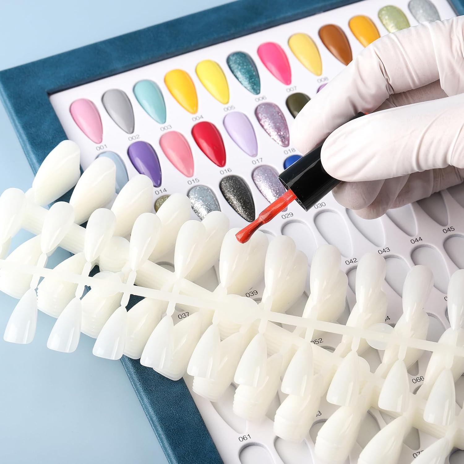 BNG Nail Colour Display Book 216 Colours Nails Art Card Chart with 240 Pieces Almonds False Nails Tips, Leather Stamped Silver Drops Colour Book for Salon Gel Polish, Blue image number 4