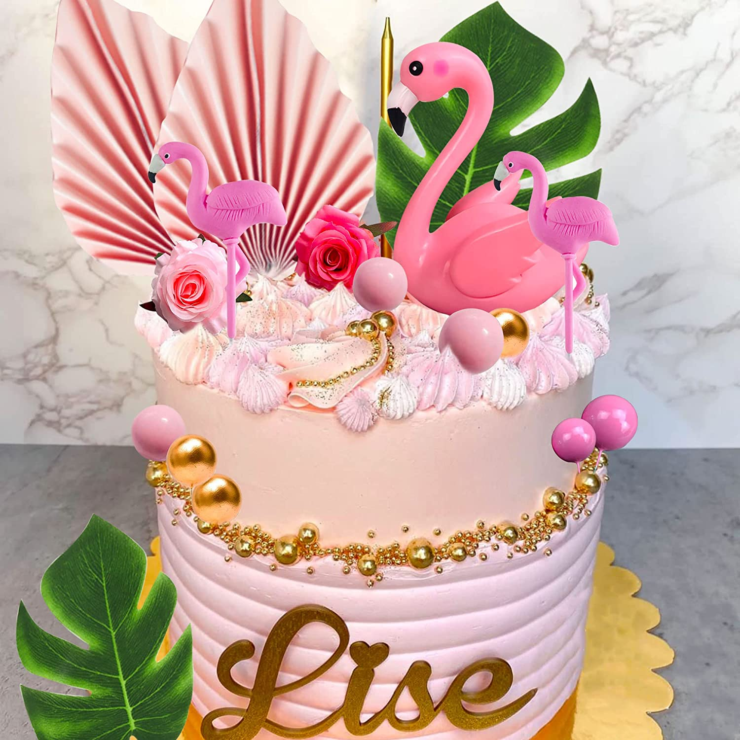Jevenis Flamingo Cake Decoration Palm Leaves Cake Topper Gold Pink Balls Cake Decoration Rose Cake Topper Flamingo Tropical Party Supplies image number 5