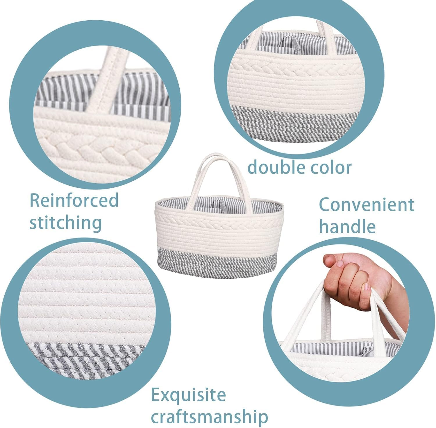 Mother and Baby Product Storage Basket, Portable Compartment Storage Basket, Bohemian Cotton Rope Storage Basket, with Removable Inserts, Nappy Organiser (White Pink) image number 4