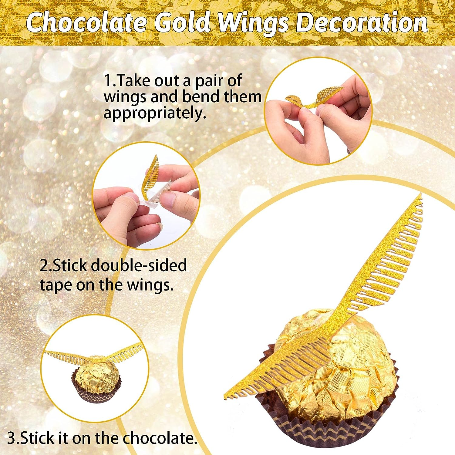 OIIKI 100PCS Wizard Party Chocolate Decoration Golden Hollowed Wings, Gold Angle Wings Candy Decor with Dot Tape DIY Party Crafts Supplies for Cake Birthday Christmas Cupcake image number 6