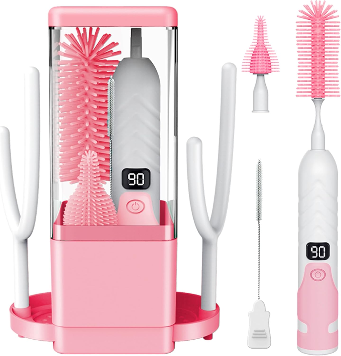Electric Baby Bottle Brush Cleaner Set,8 in 1 Automatic Baby Bottle Cleaning Kit,Silicone Bottle Brush,Pink
