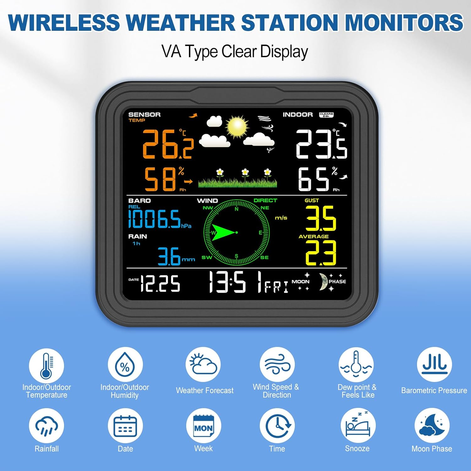 Urageuxy Weather Station Wireless Indoor Outdoor, Home Weather Stations with Rain Gauge, Wind Speed/Direction, Temperature, Humidity, Moon Phase, Weather Forecast, Barometer Pressure and Alarm Clock image number 2