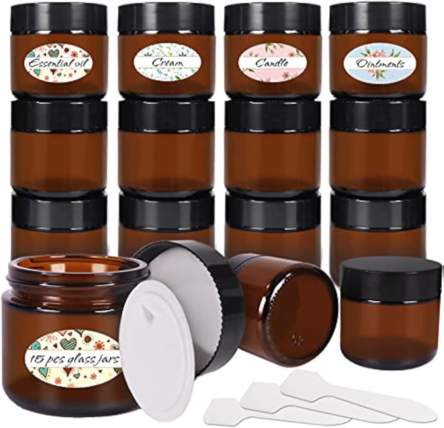 Keketin 2 Oz Amber Glass Jars,15 Pack Empty Cosmetic Containers with Inner Liners and Black Lids,Refillable round Cream Jars for Lotion,Ointments,Bath Salts,Makeup,Slime and Travel