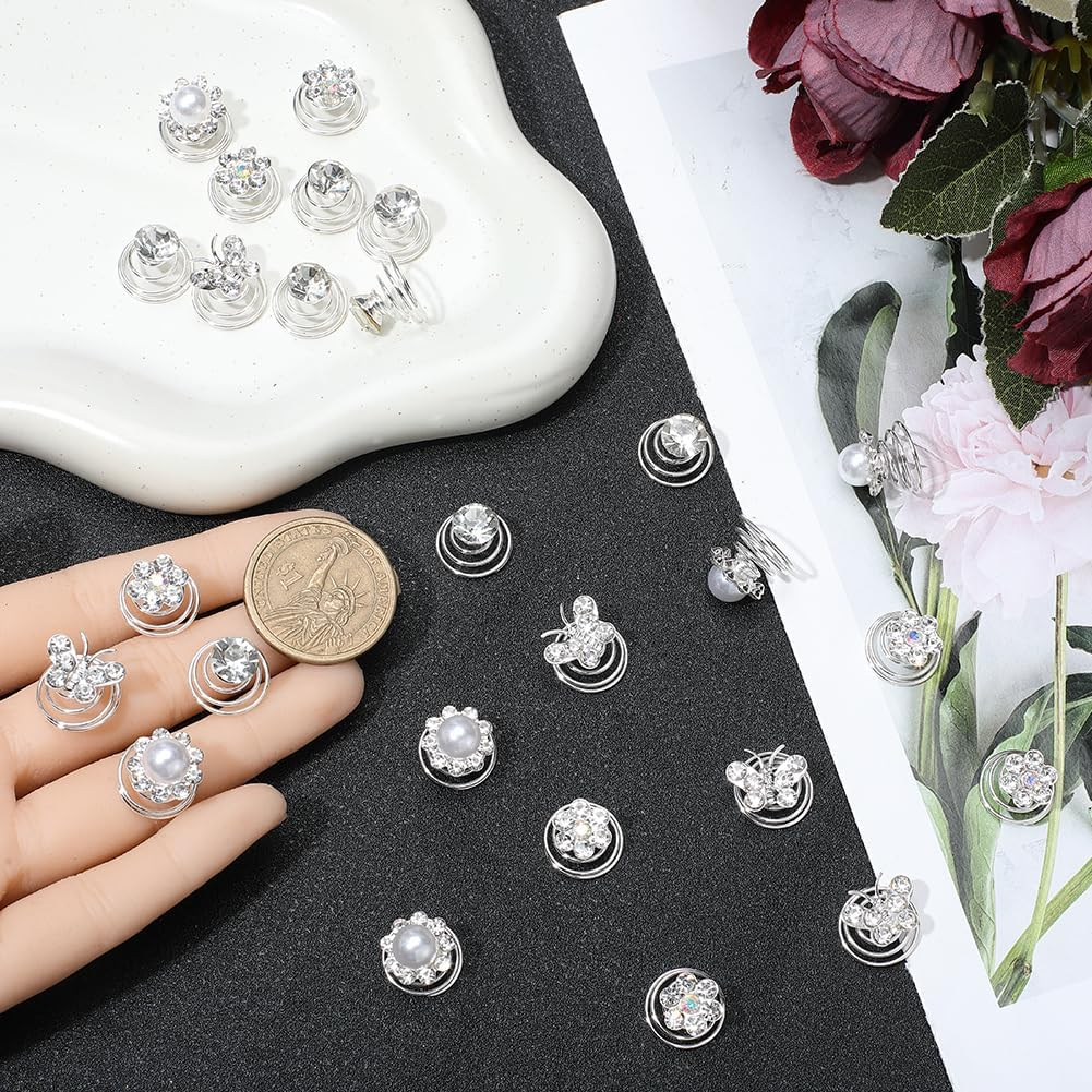 SOFPLATE 1 Box 4 Styles 60Pcs Pearl Twist Hair Pins Rhinestone Hair Pins Bulk Imitation Pearl Sparkle Diamond Flower Butterfly Hairpin for Wedding Bridal Party Prom Christmas Birthday Gift Women Adult