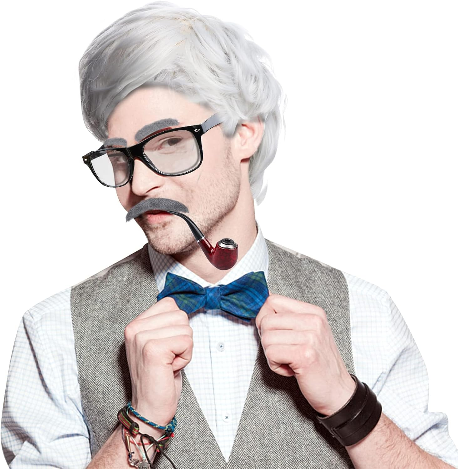 6 PCS Old Man Costume Kit Grandpa Costume Accessories Including Old Man Wig,Wig Cap,Glasses,Fake Beard,Faux Eyebrows for Grandpa Cosplay image number 1
