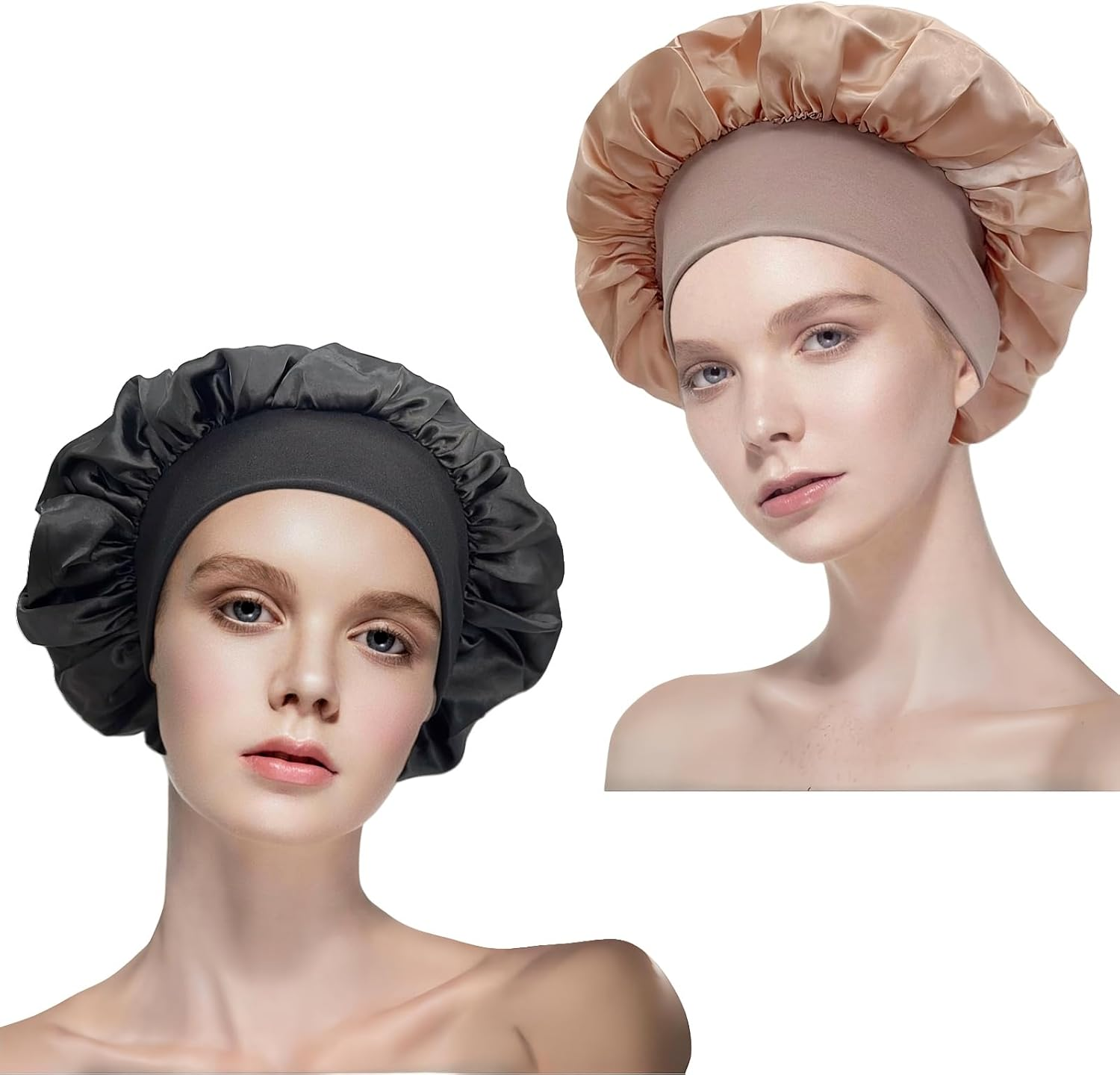 Castaic 2 Pcs Silk Bonnet with Soft Elastic Band, Satin Bonnets, Hair Wrap for Curly and Straight Hair (Black + Rose Gold) image number 2