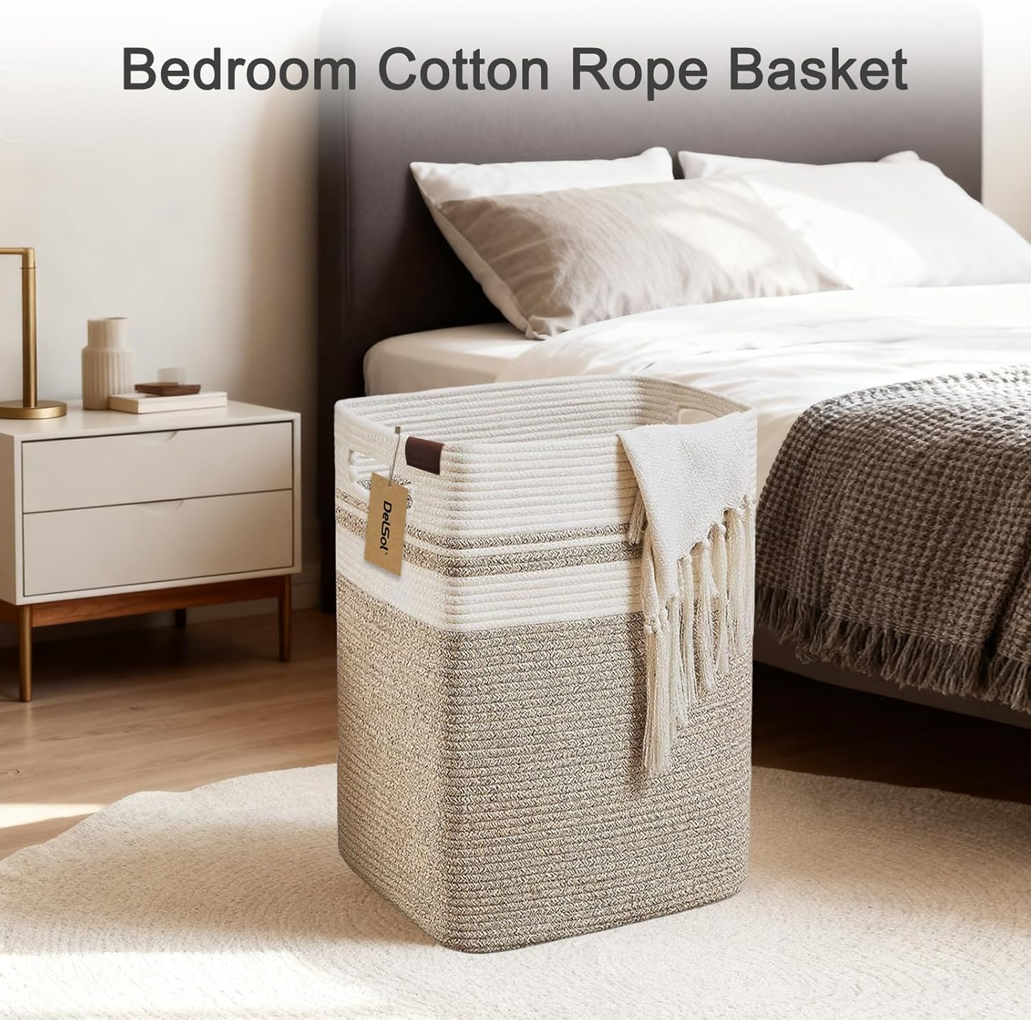 Delsol Large Laundry Basket 41X33X56Cm Tall Blanket Sorage Basket with Handles, Wicker Cotton Rope Woven Basket for Living Room Laundry Baby Nursery Pillows Clothes Towel Toy Organizer Home Decor image number 3