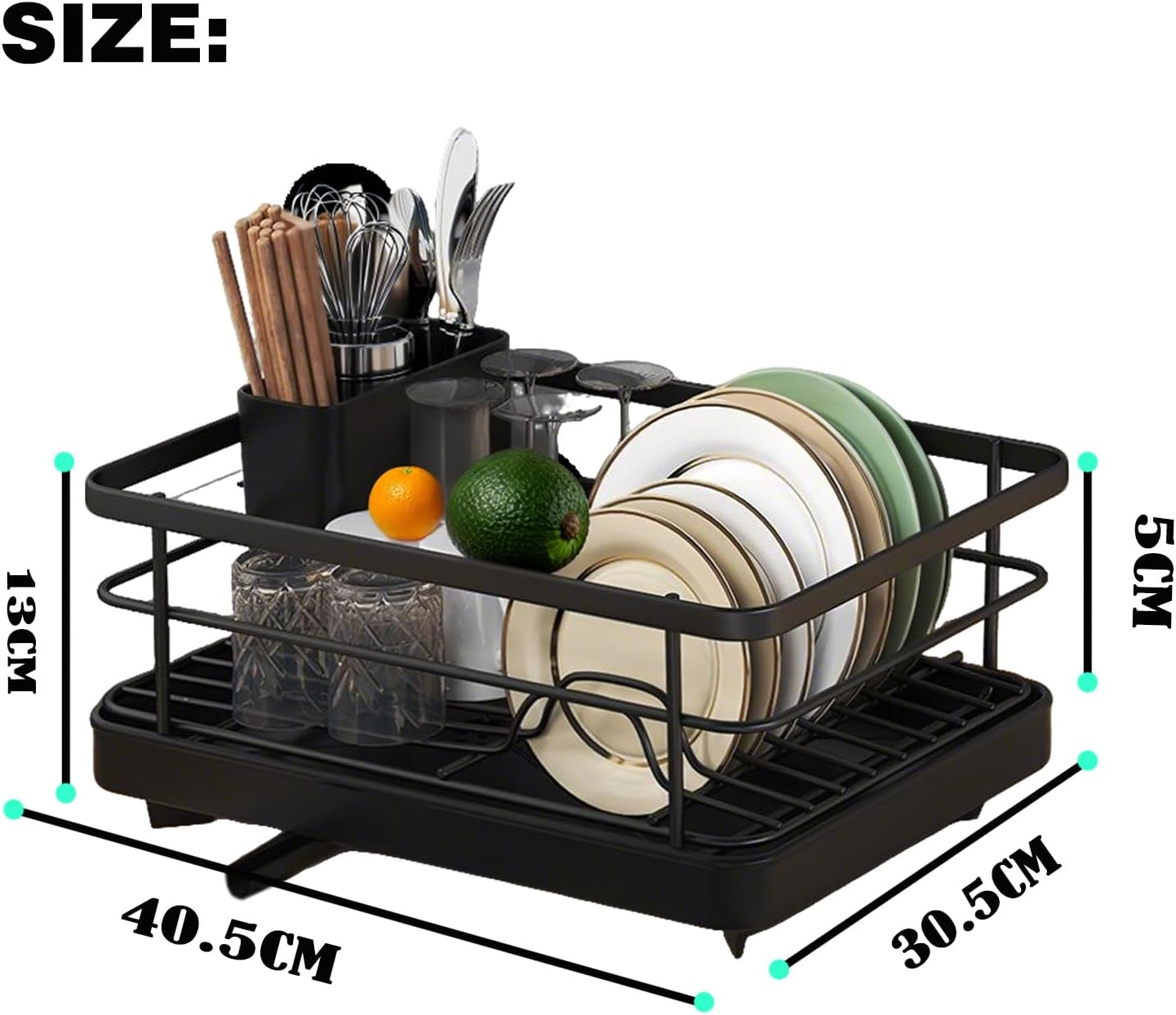 Dish Drying Rack- Space-Saving Dish Rack, Dish Drainers for Kitchen Counter, Stainless Steel Kitchen Drying Rack with a Cutlery Holder, 29.0 X 38.1 X 12.7 Cm, Black image number 2