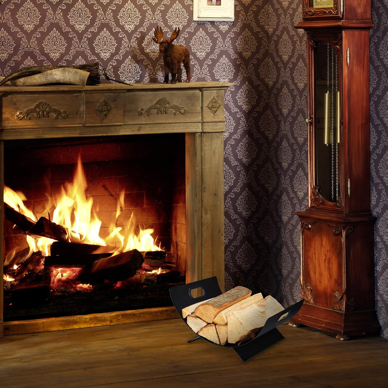 Relaxdays Firewood Basket Metal Modern Firewood Storage inside H X D: 18.5 X 40.5 X 33 Cm Large Wooden Tray Black