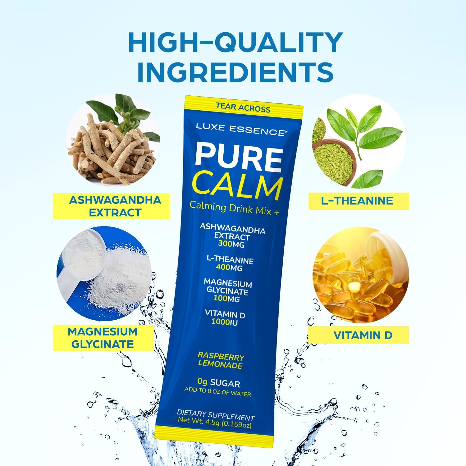 Purecalm Magnesium Drink Mix | Magnesium Glycinate with Ashwagandha, L-Theanine & Vitamin D | Sugar-Free Electrolyte Blend | Raspberry Lemonade Flavour | 20 Stick Packs image number 4