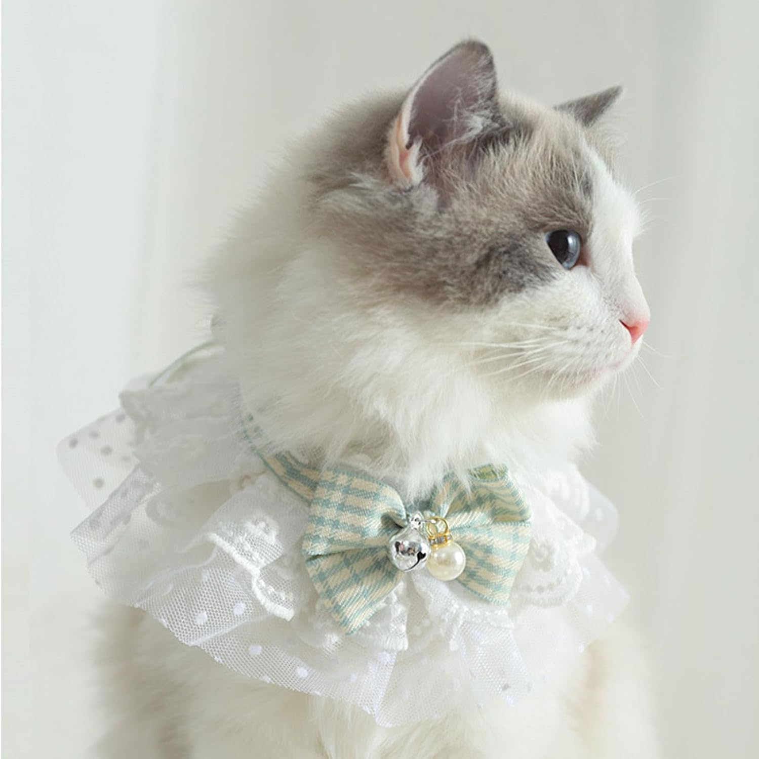 Dog Cat Flora Lace Collar, Puppy Kitten Scarf Necklace Lace Cat Collar with Bow and Bells, Cute Fashionable Pet Neck Scarf Accessories for Dogs Pet Birthday Party Holiday Daily Wear(M-Green) image number 3