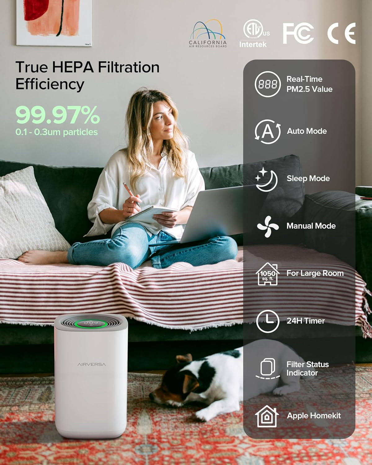Airversa Homekit Air Purifier with Thread (Hompod Mini/Apple TV4K 2021 or Later Required) Purelle Smart Air Cleaner with 3-Stage H13 True HEPA Filter, 99,97% Efficiency CADR 221 M&sup3;/H image number 4