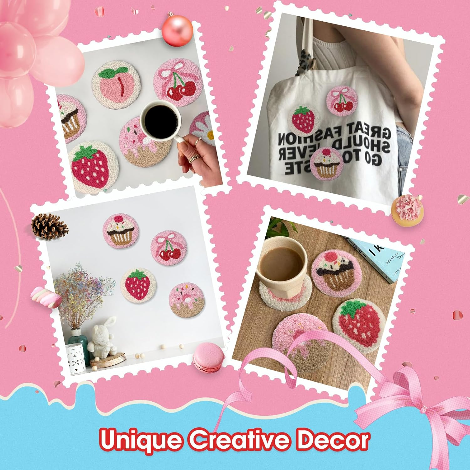 Yuegool 6PCS Punch Needle Coaster Kit,Easy DIY Embroidery Set for Beginners, Kids & Adults,Valentine&rsquo;S Day Gift with Patterns, Tools, Yarns, Hoop, Instructions & Coaster Holder image number 4