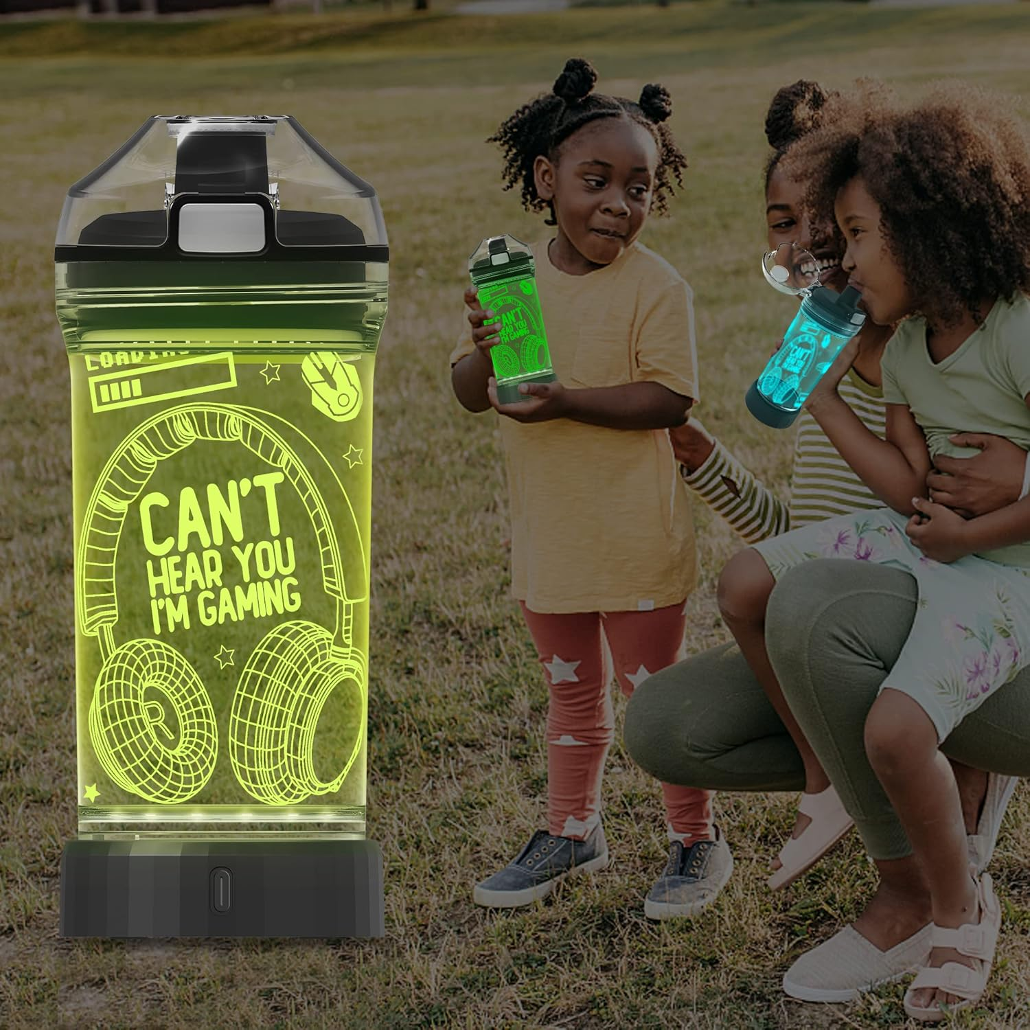 Yuandian Can'T Hear You I'M Gaming Water Bottle, Headphone 7 Color Lights 3D Light up Drinking Cups Gifts for Gamers Boys, BPA Free & Leak Proof Flip Top Lid & Easy Clean & Carry Handle, 14Oz/400Ml image number 4