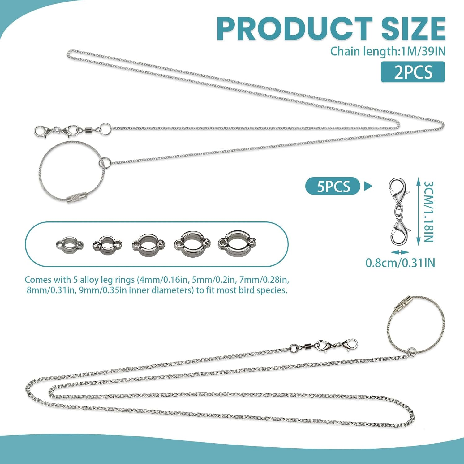 LELE LIFE 2 Pack 1M Bird Leash with 5 Sizes Ankle Rings, Stainless Steel Anti-Bite Parrot Bird Harness Flying Training Chain Leg Rope Outdoor Parrot Alloy Foot Ring