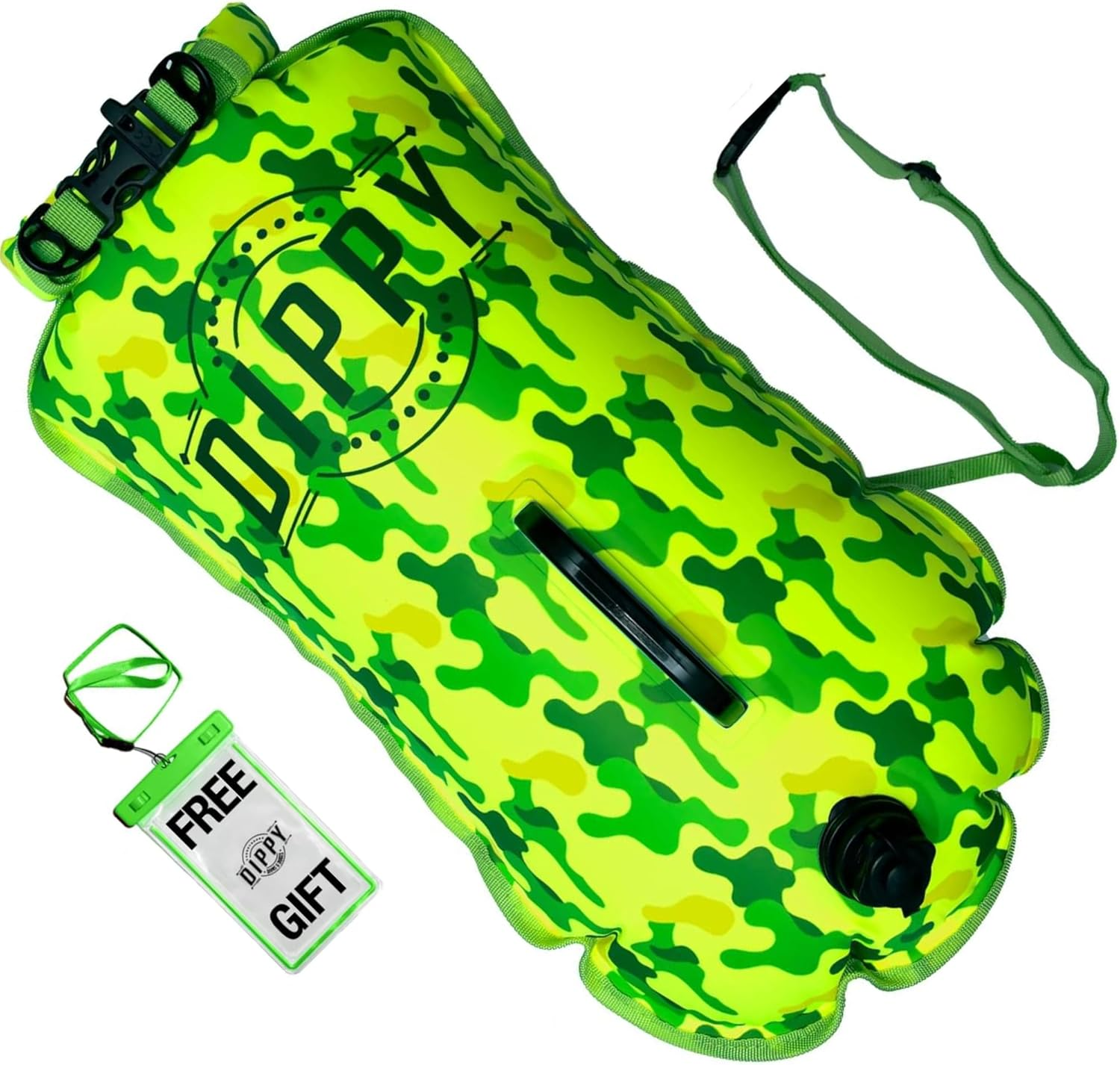 DIPPY Tow Floats for Open Water Swimming | 28L Swim Buoy Open Water Swimming Float | Waterproof Swimming Buoy | Tow Float Dry Bag | Wild Swimming Float | Wild Swimming Accessories (Green Cammo) image number 5