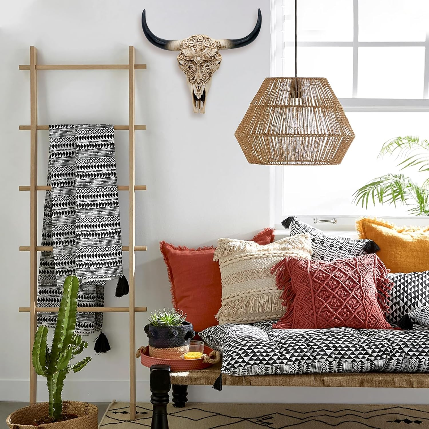 Western Cow Skull Wall-Decor - 12.2&rdquo;Long Realistic Animal Head Wall Hanging Art Boho Cross Steer Bison Buffalo Bull Cow Horned Skull Home Wall Decor image number 4