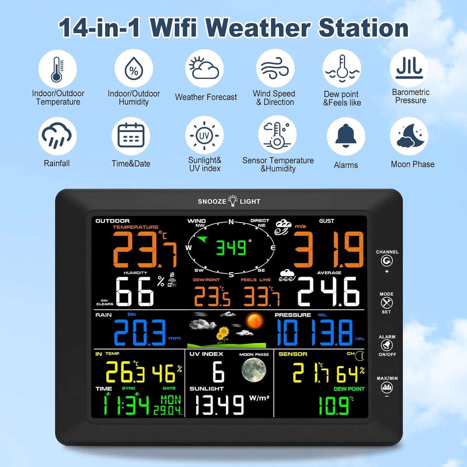 Urageuxy 14-In-1 Wifi Weather Station, 20.5CM Color Display, Weather Stations with Rain Gauge, Wind Speed/Direction, Temperature, Humidity, UV Index, Air Pressure, Forecast - Home, Garden, Farm