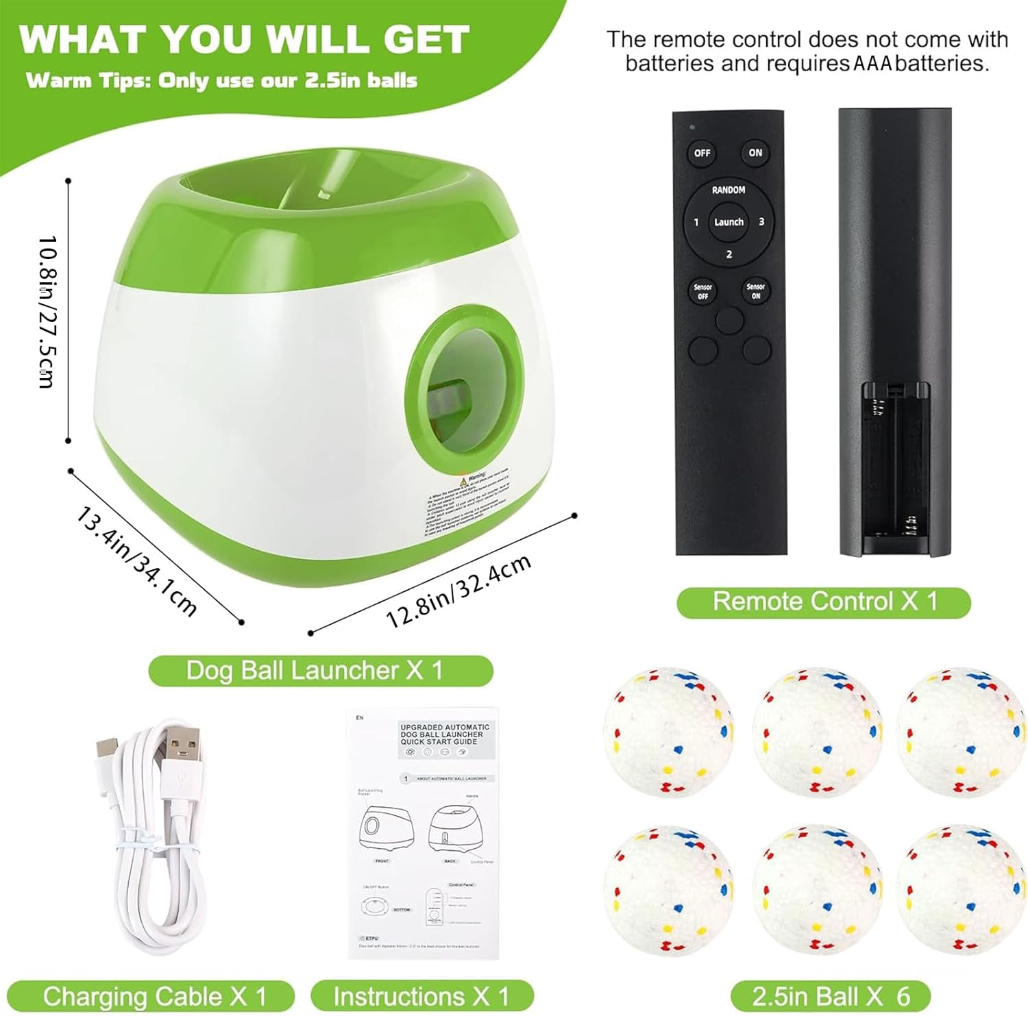 Big Automatic Ball Launcher for Dogs, 26Ft-79Ft Adjustable Distance Ball Thrower, 5200Mah Rechargeable Interactive Automatic Dog Ball Launcher with 6 Balls and Radar Wave Sensing Technology (Green)