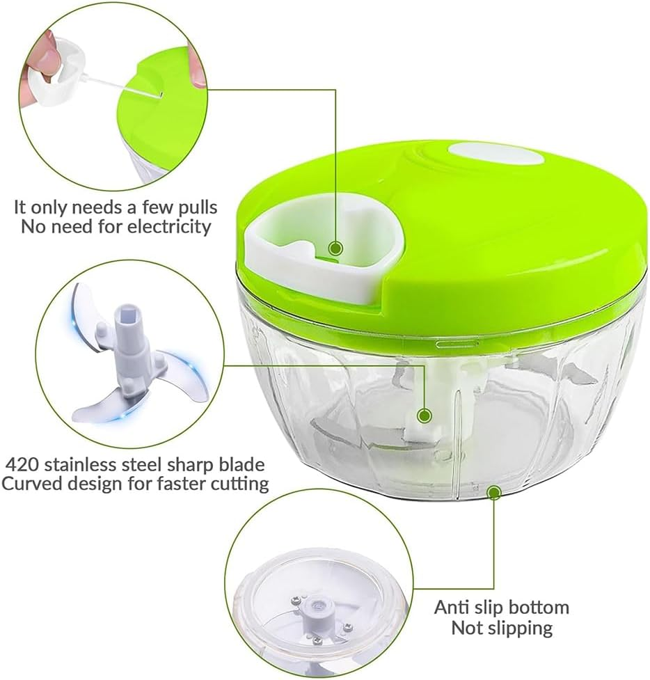 QOOWFEANIG Manual Food Processor, 3.5 Cup Bowl, Portable Hand Pull String Garlic Mincer Onion Cutter, Compact Stainless Steel Chopper for Veggies (Green) image number 1