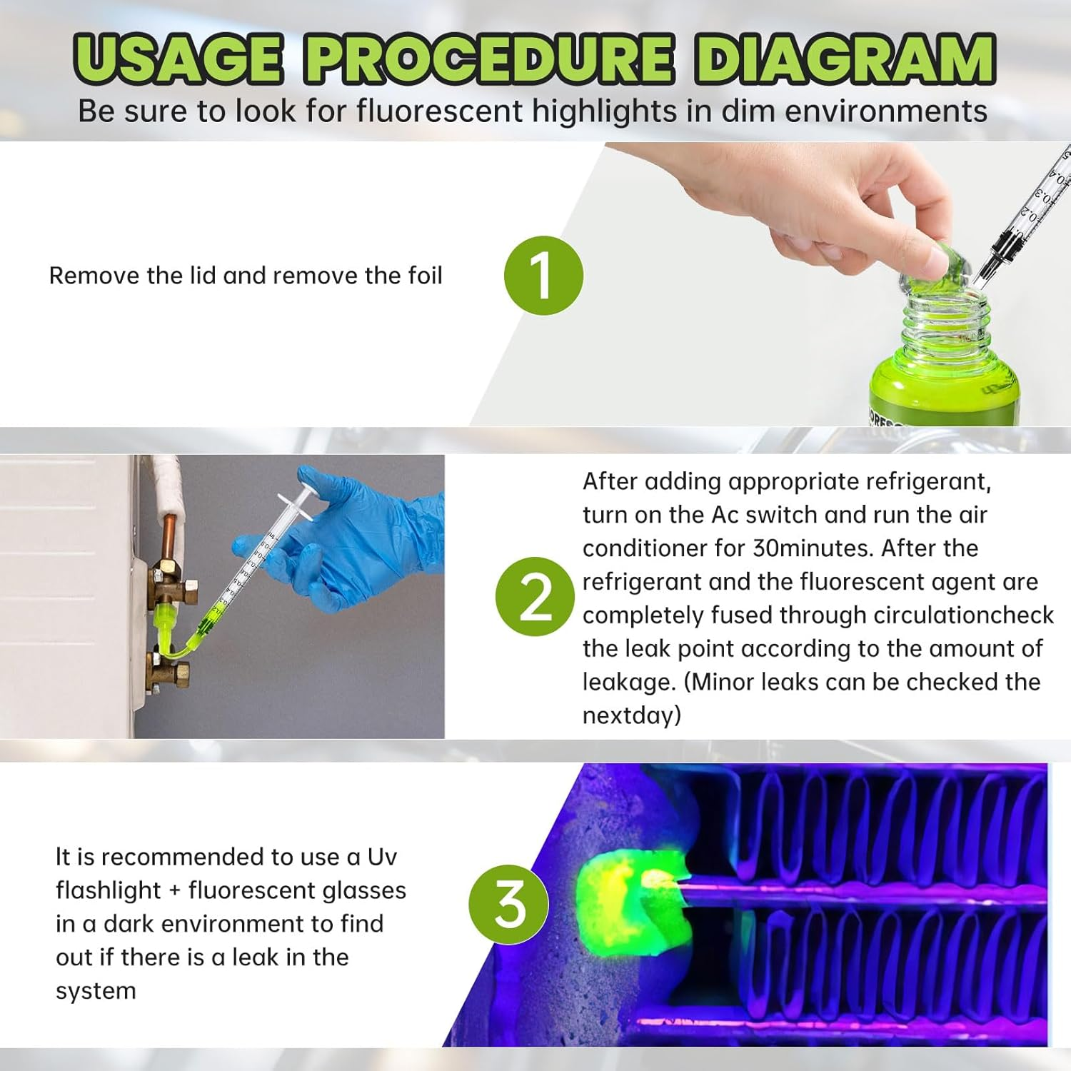 Allony Fluorescent UV Dye, Leak Detection Tracing Dye, Green UV Dye Detector for Detecting Refrigerant Gas Leaks in Vehicle Air Conditioning Systems, Includes R134A Adapter 60Ml image number 5
