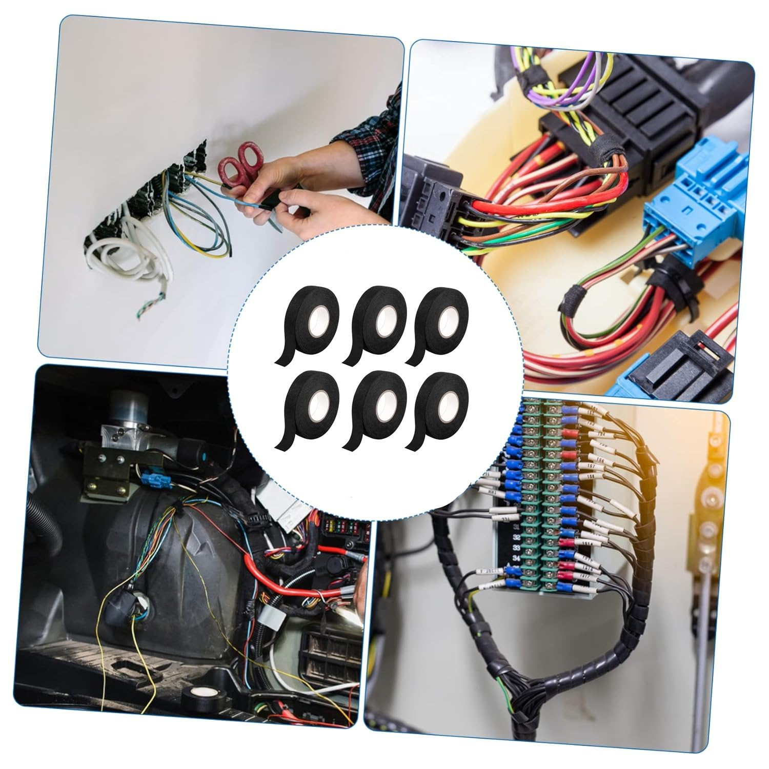 6 Rolls Automotive Wire Wrap, Electrical Tape,Car Fabric Tape,19Mm X 10M High Heat Harness Tape for Engine, Wrapping Car Wiring (Black) image number 2