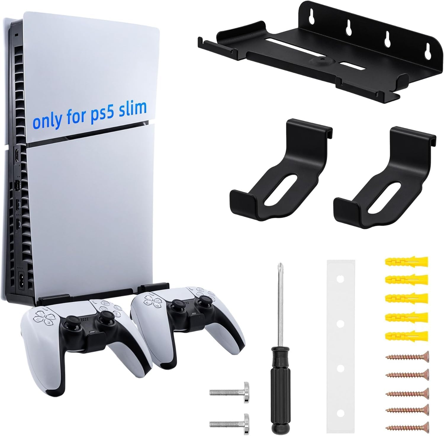 ZONEY Wall Mount for PS5 Slim Wall Mount, PS5 Slim Stand with 2 Removable Controllers Holders, Sturdy Floating Your New PS5 on Wall with Screw Fixing, behind TV (Black, Only for Slim) image number 3