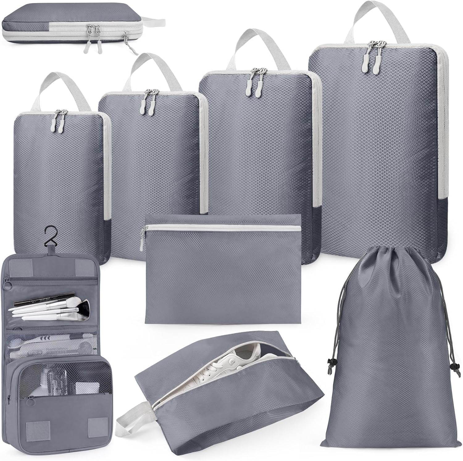 TRMFUSA Compression Packing Cubes 8 Set, Suitcase Organiser Bags, Travel Cubes for Suitcases, Luggage Organiser Packing Bags, Flight Cruise Holiday Essentials (Beige)