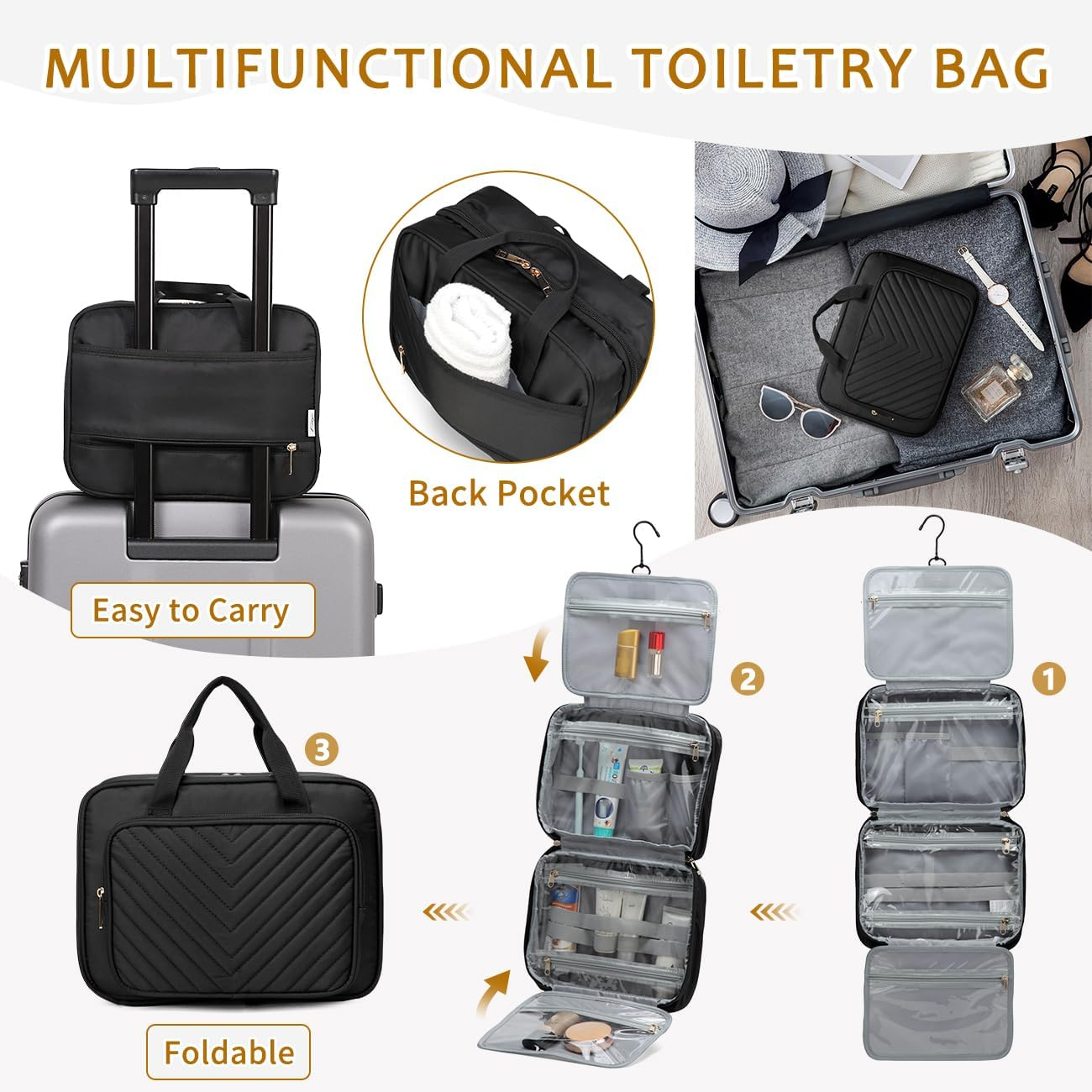 Toiletry Bag for Women Mens, Kasqo Water Resistant Large Hanging Travel Toiletry Bag Portable Shaving Makeup Cosmetic Organizer with Luggage Sleeve for Daily Gym Business Trip, Black image number 6