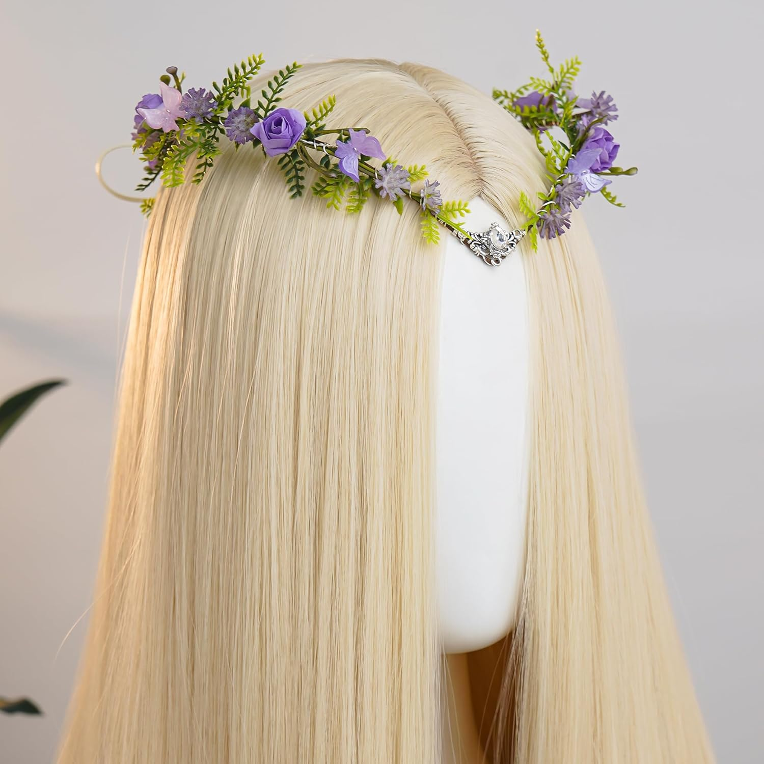 MOSTORY Purple Elf Crown for Wedding Women Floral Fairy Headpiece with Butterflies for Renfaire Woodland Fairy Costume image number 2