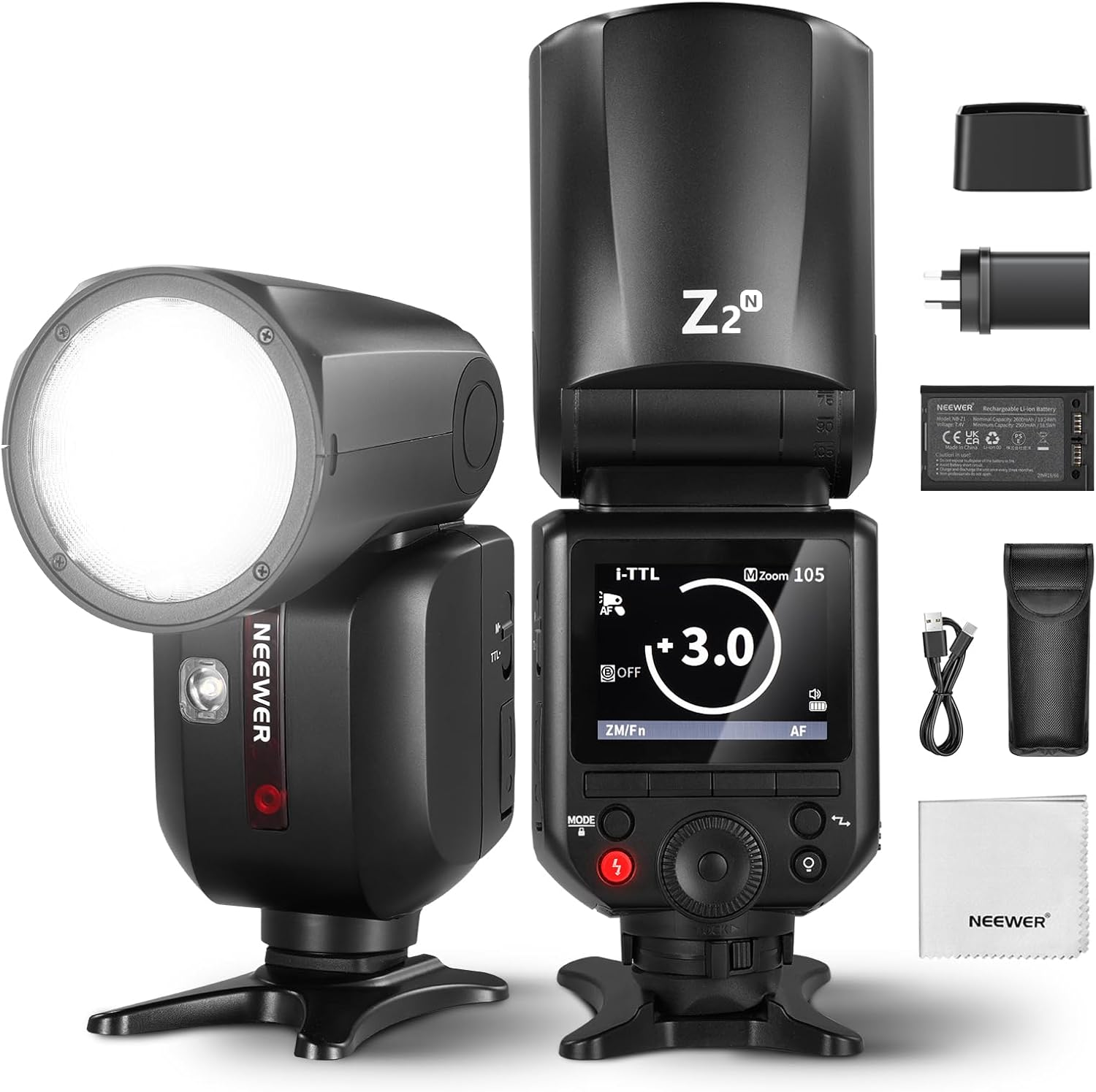 NEEWER Z2-N 2.4G TTL round Head Flash Speedlite Compatible with Nikon, 76Ws Speedlight with Upgraded UI, Modeling Lamps, TTL/M Quick TCM Switch, 1/8000S HSS, 2600Mah Battery, Cleaning Cloth