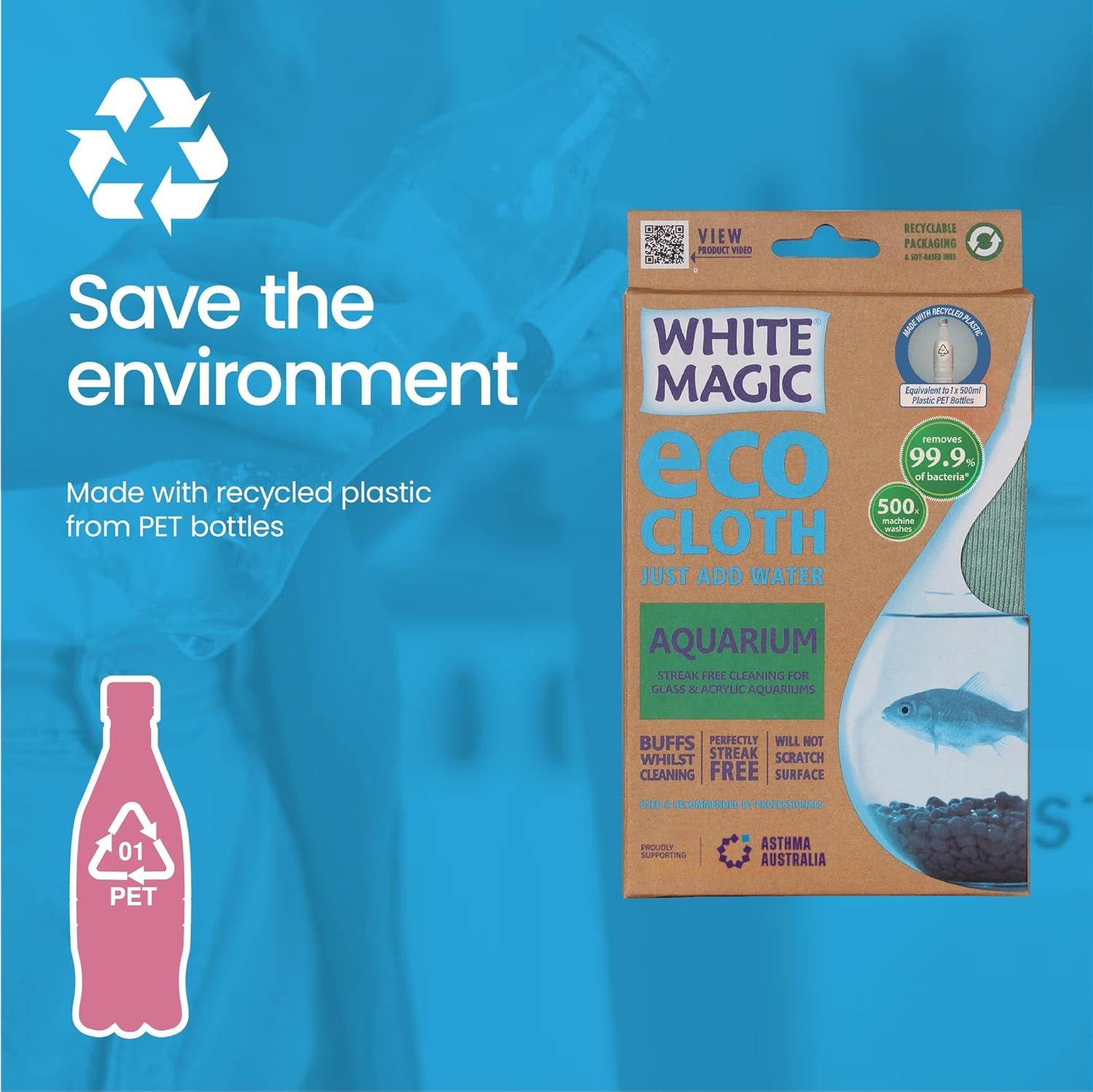 White Magic Aquarium Eco Cloth, 32 X 32 Cm, Streak-Free Cleaning for Glass & Acrylic Aquariums, Scratch-Free, Buffs & Polishes, Chemical-Free, Reusable & Machine Washable