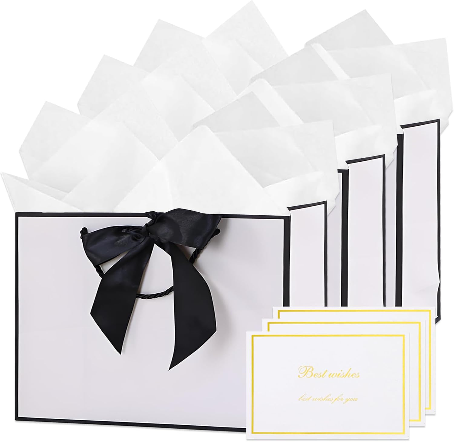 Jotia 3 Sets 28X20X10Cm Gift Bags with Bow Ribbon, Including 3Pcs Gift Bags with 6Pcs Tissue Paper 3 Greeting Cards, Paper Bag with Handle for Birthday Graduation Anniversary Christmas (White)