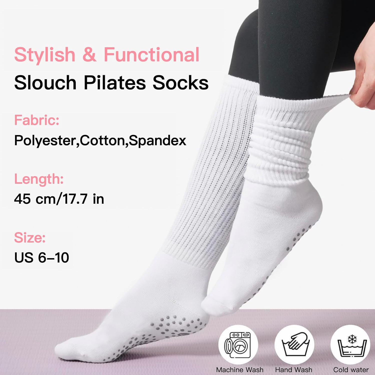 Grip Pilates Socks for Wome Yoga Slouch Socks with Grip for Barre Workout Hospital Long Scrunch Socks 3 Pairs image number 5